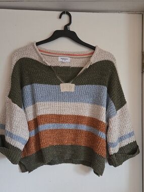 eesome Striped V-Neck Sweater in Olive, Rust, Sky Blue & Cream